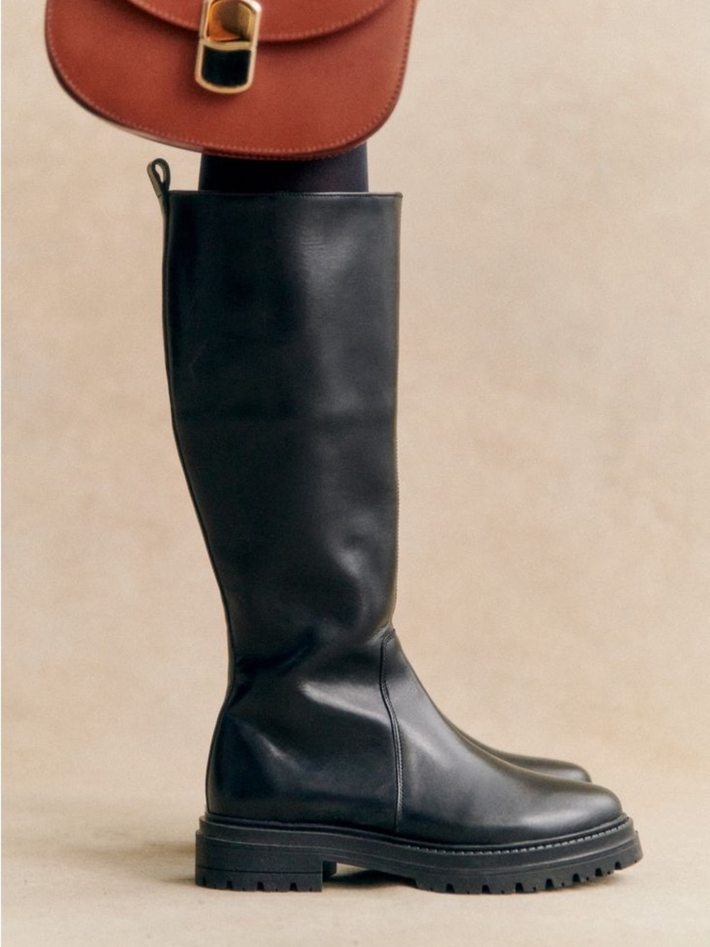 Sezane Libby boots Black Leather Over-the-Knee Lug Sole Boots